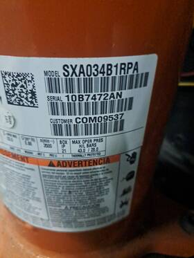 Sxa034b1rpa Alliance Sxa038b1rpa Scroll Compressor Com09537 208-230v 60 Hz 1 Ph R410a 473