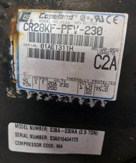 Cr28kf-pfv-230 Copeland 28 000 Btu R22 208-230v 1ph Compressor Soa2flt7