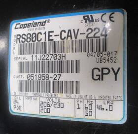 1hp-1ph-208-230 Copeland Rs80cie-cav-224 Compressor 1hp-1ph-208-230- Volts