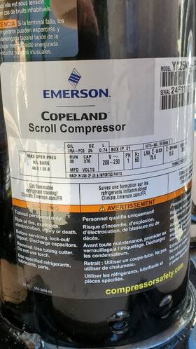 Ya25k1e-pfv-ase Copeland - Scroll Compressor 208/230v R-454b
