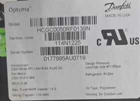 Hcgc0050rf0139n Danfoss Optyma Compressor 114n1225 220v 1 Phase R134a