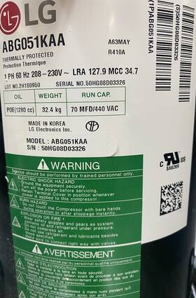 Lg Abg051kaa Thermally Protected Industrial Compressor R410a 208-230v 1ph