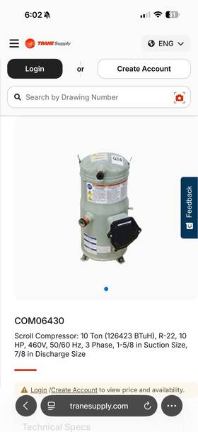 Csha-100k-0 Trane Com06430 Compressor 00/csha-100k-0 0a 10 Ton 400/50/3 460/60/3