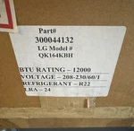 Lg Model # QK164KBH Hp 11,500 Btu 115/1/60 R-22 Rotary A/c Compressor. Fixed Price $161.99.