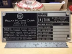Antique Relay Motors Lima Ohio Serial Data Plate Chassis Unused Metal. Fixed Price $49.00.